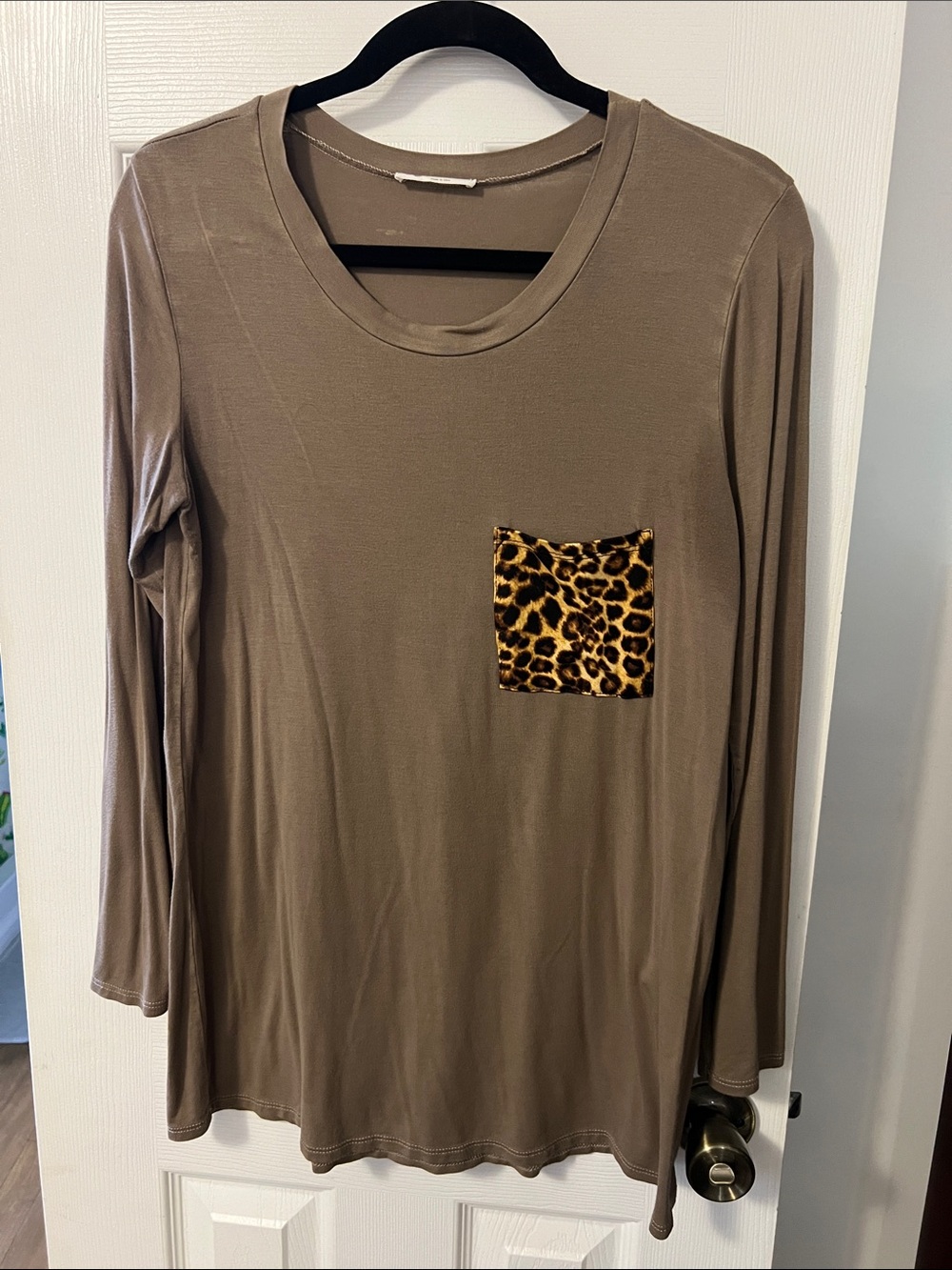 Women's Taupe Long-Sleeve Top with Leopard Pocket